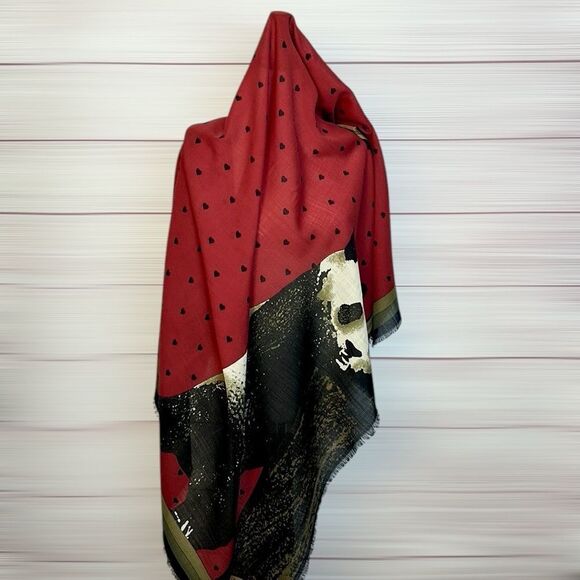 KRIZIA Italy Large Scarf Shawl Wool Silk Blend Red with Panda Print 52x52” - Picture 4 of 11